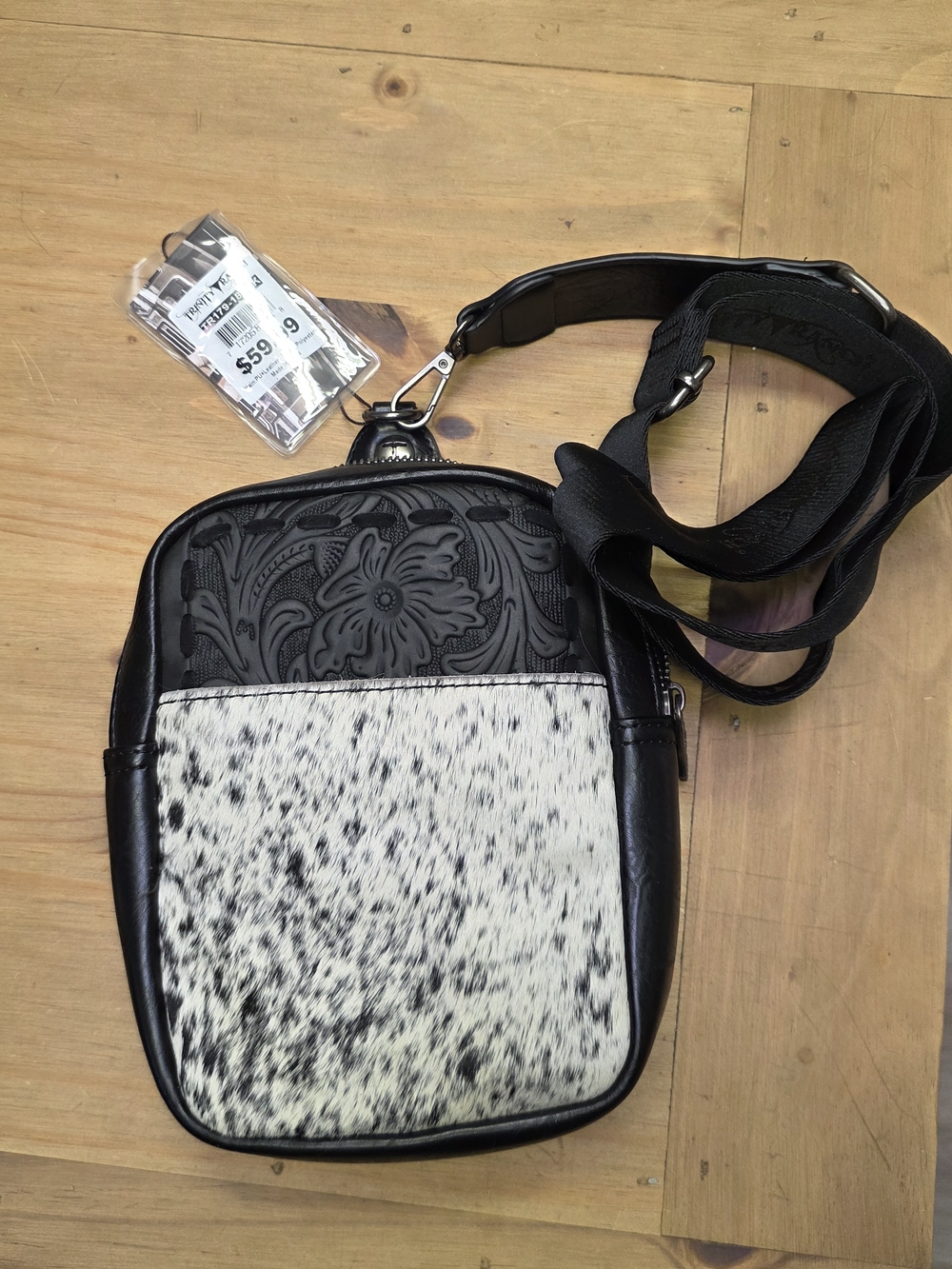 Trinity Ranch Black Tooled Leather Crossbody with Speckled Hair On Leather